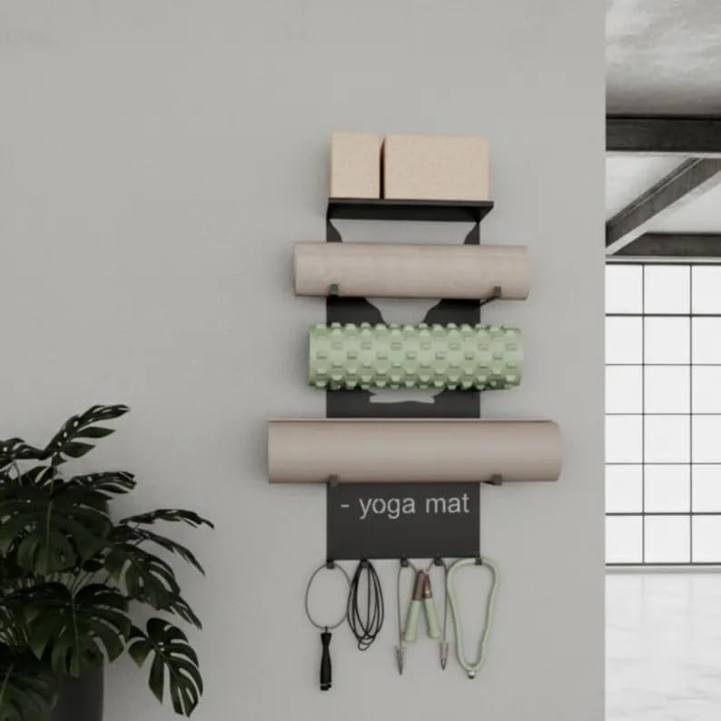 4-Tier Black Metal Wall Mount Yoga Mat Storage Rack