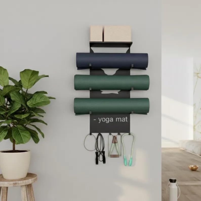 4-Tier Black Metal Wall Mount Yoga Mat Storage Rack