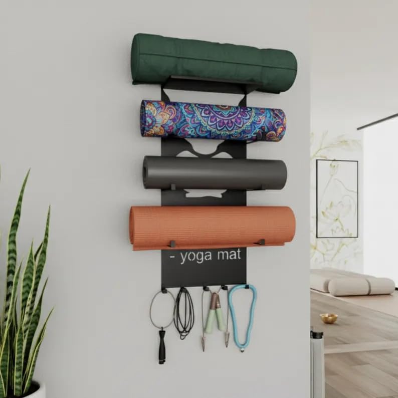 4-Tier Black Metal Wall Mount Yoga Mat Storage Rack