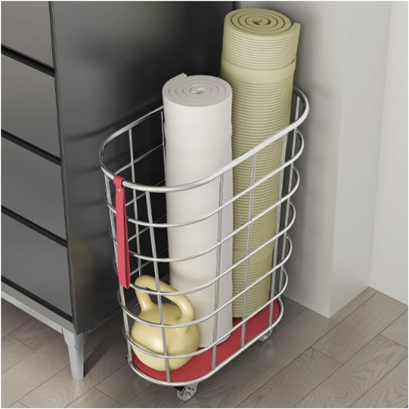 Industrial Rolling Yoga Mat Storage Cart with Red Handle