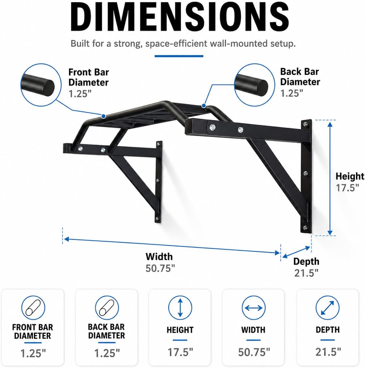 Multi-Grip Wall Mount Pull Up Bar Steel