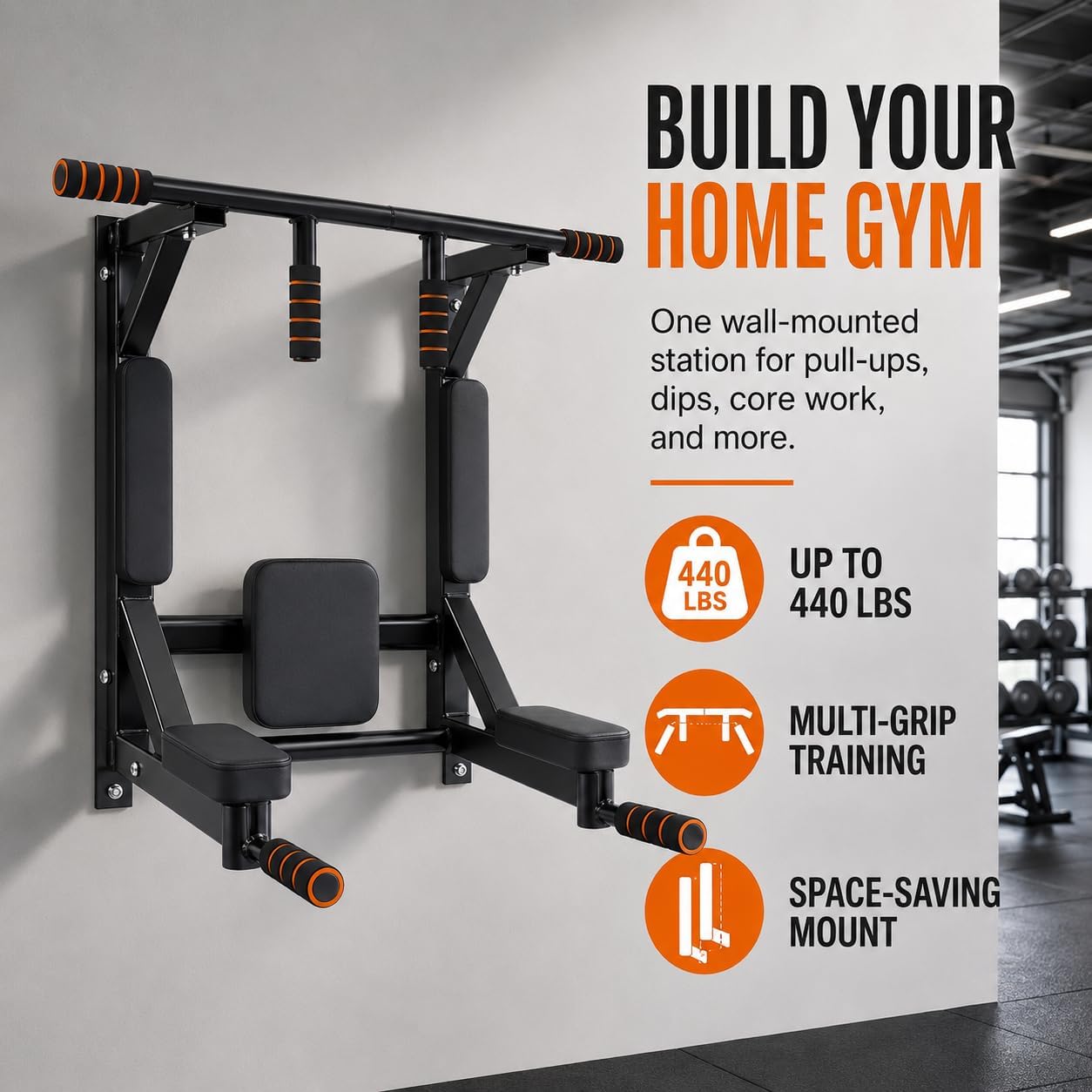Wall Mount Pull Up Dip Station 440lbs