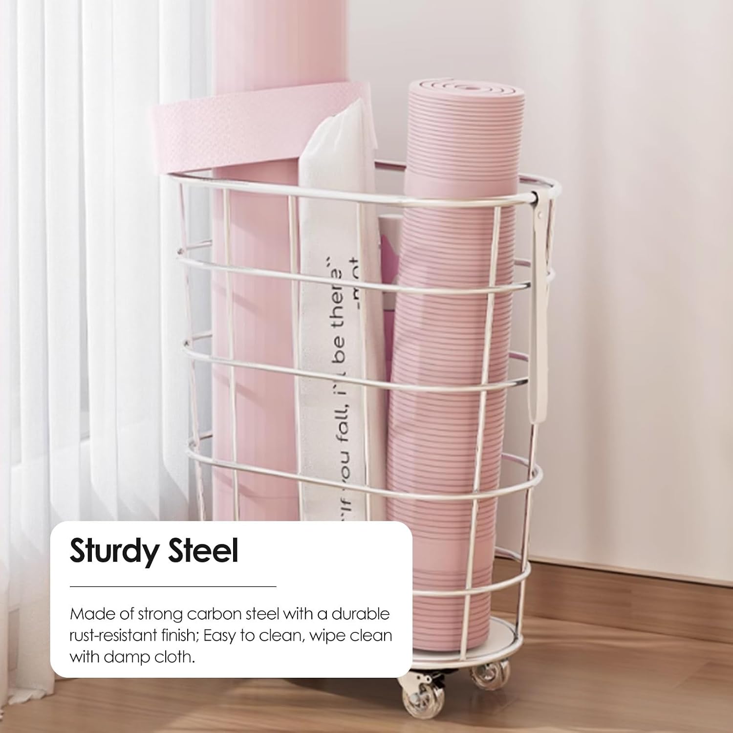 Industrial Rolling Yoga Mat Storage Cart with Red Handle