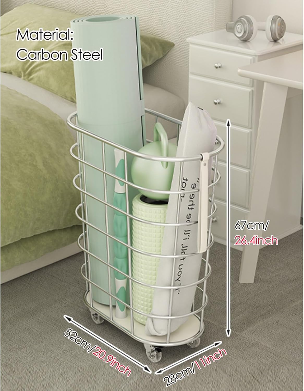 White Handle Rolling Yoga Mat Cart