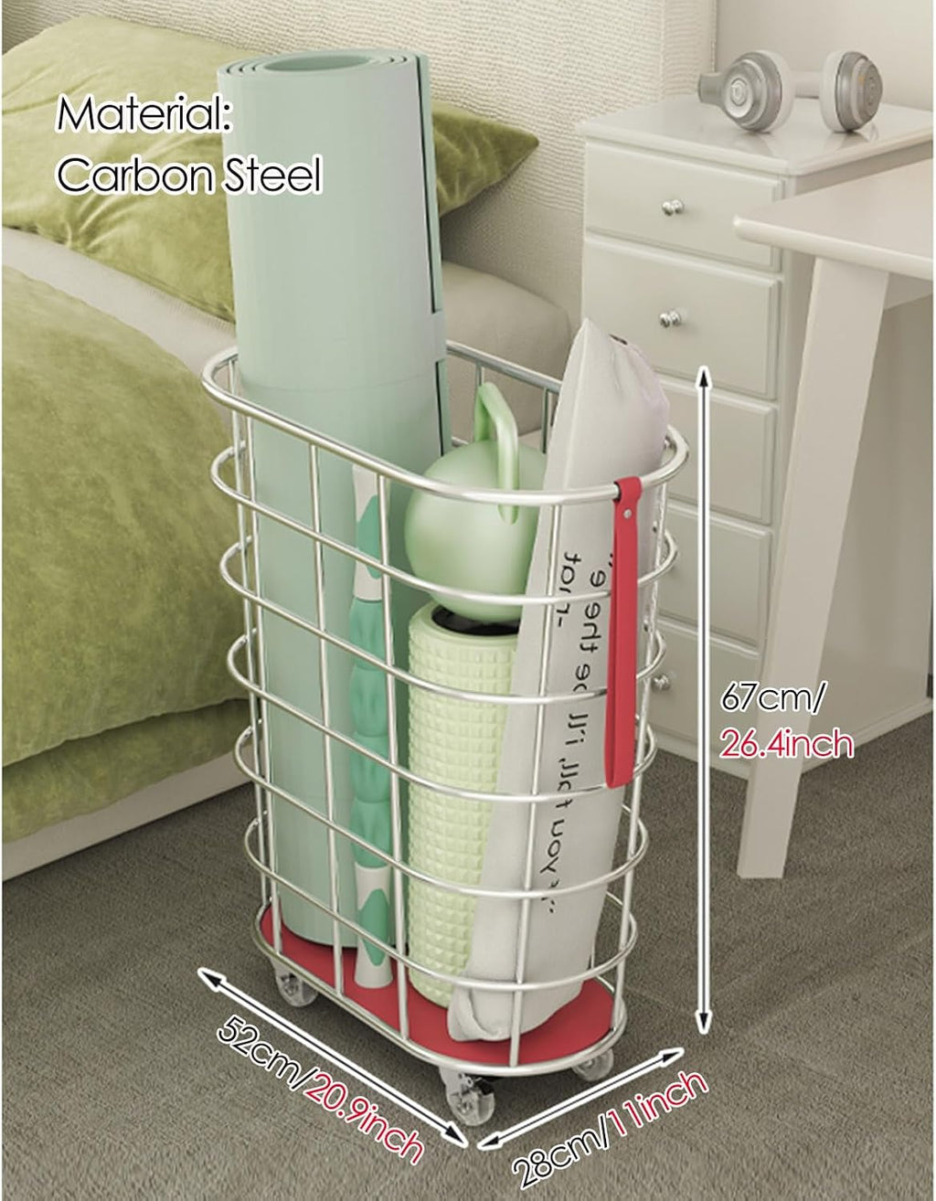 Industrial Rolling Yoga Mat Storage Cart with Red Handle