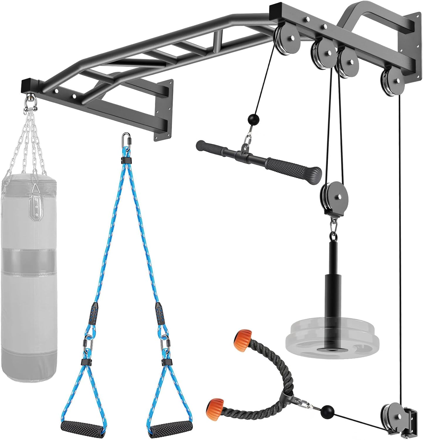 48" Wall Mount Pull Up Bar with Lat Pulley & Bag Hanger