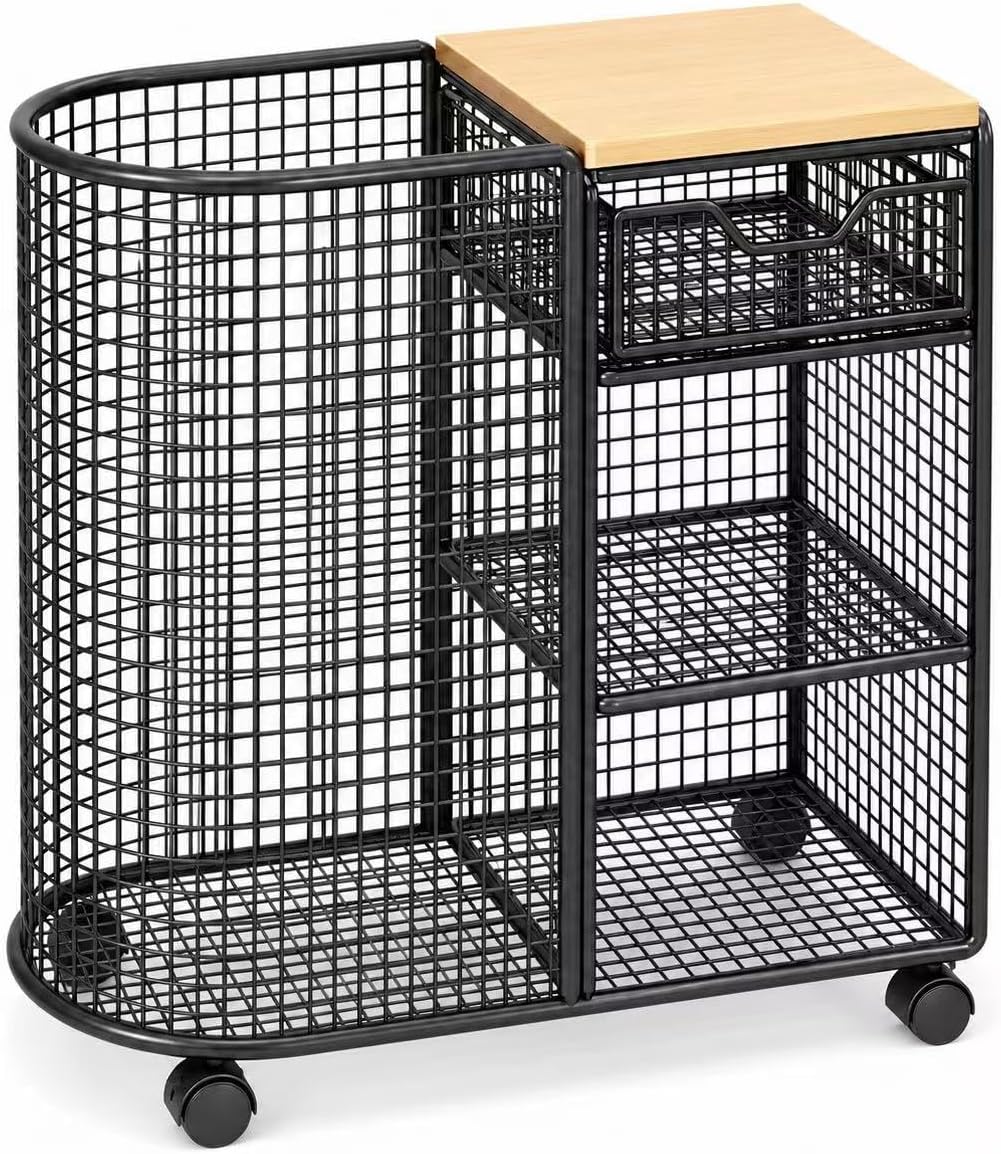 Wood Top Rolling Yoga Mat Storage Cart