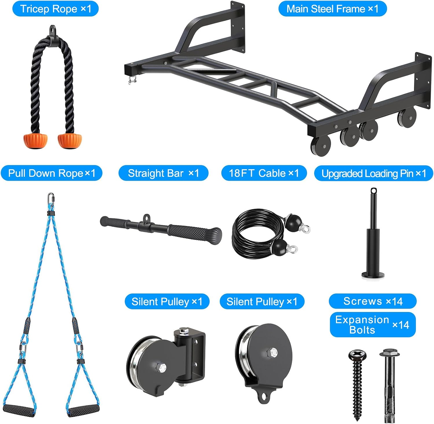48" Wall Mount Pull Up Bar with Lat Pulley & Bag Hanger