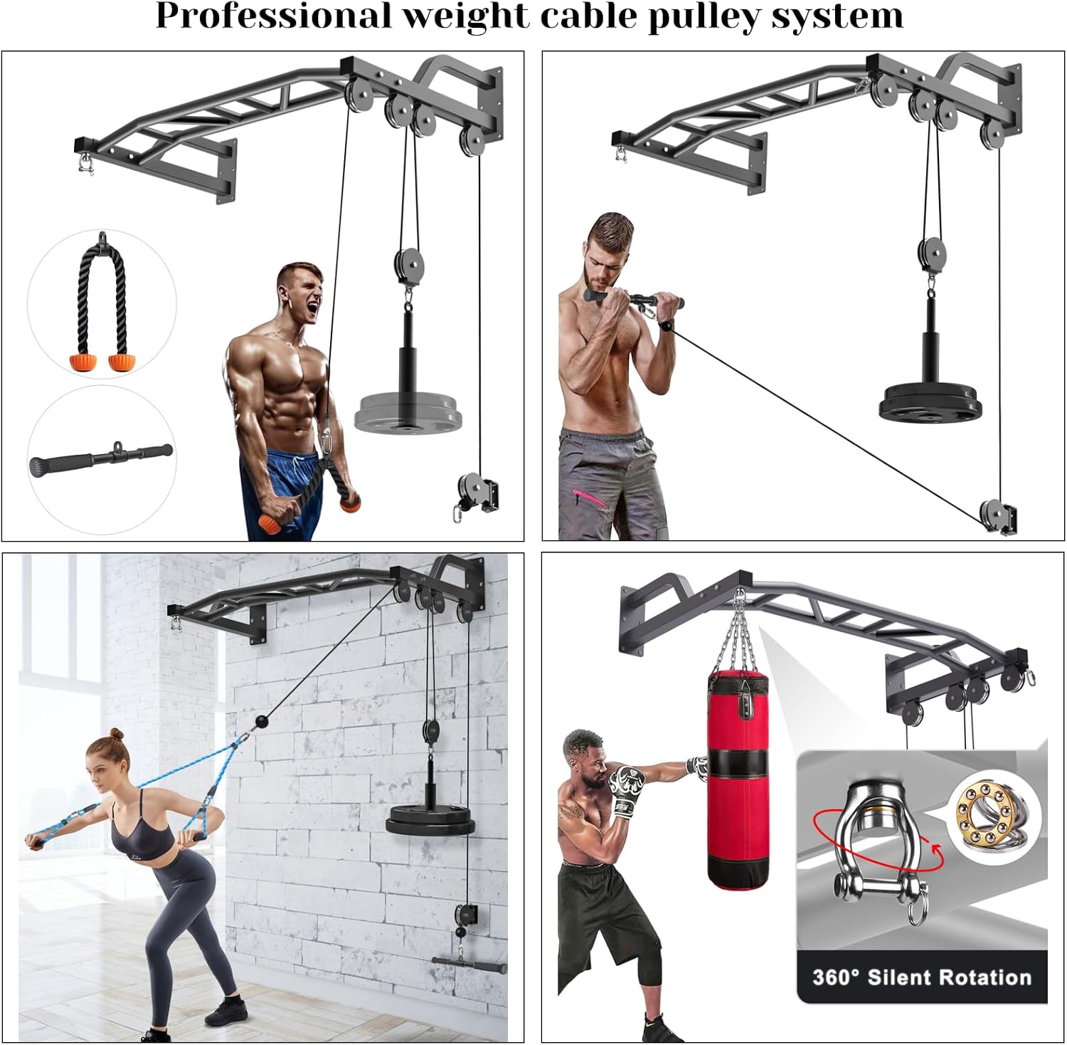 48" Wall Mount Pull Up Bar with Lat Pulley & Bag Hanger