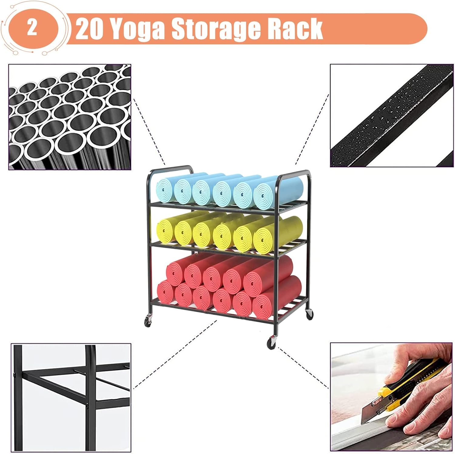 3-Tier Rolling Metal Yoga Mat Storage Cart