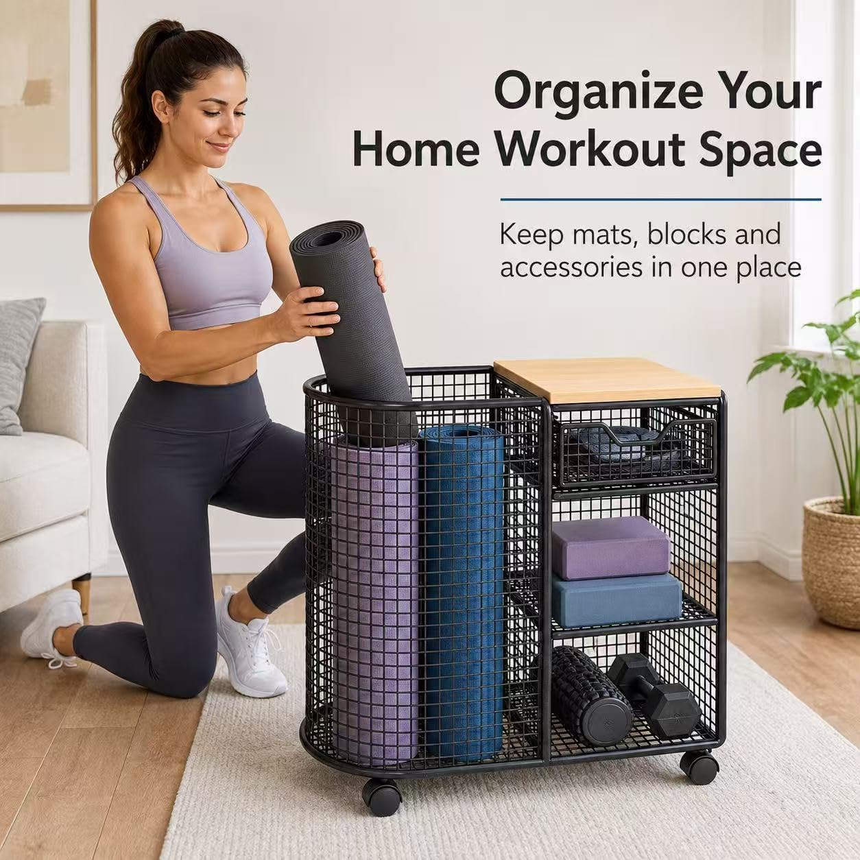 Wood Top Rolling Yoga Mat Storage Cart