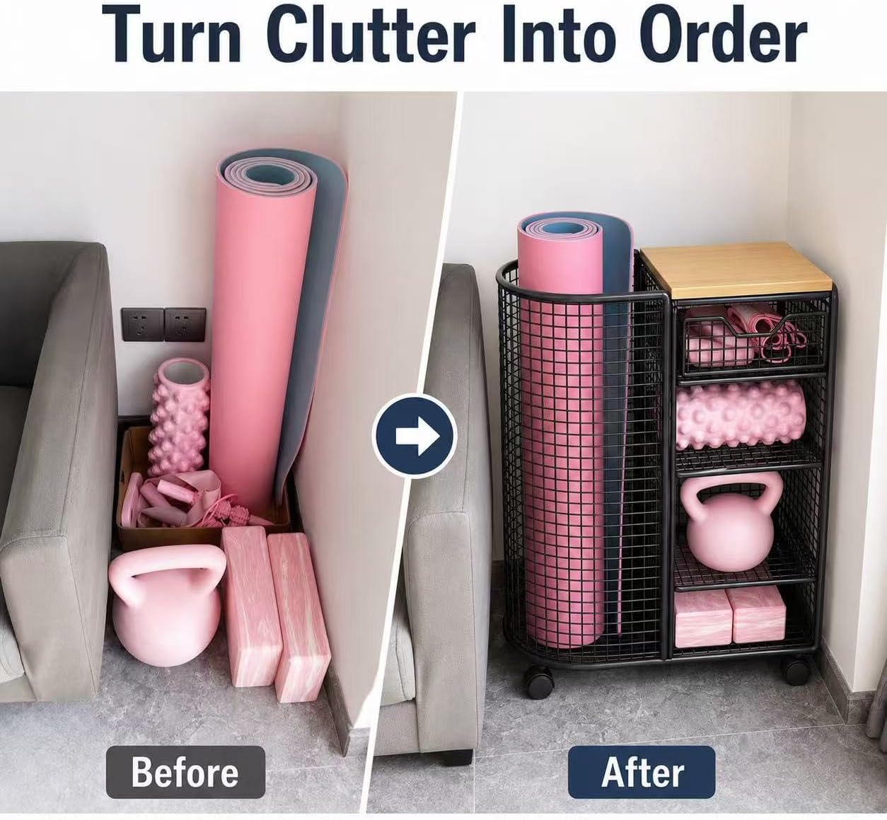 Wood Top Rolling Yoga Mat Storage Cart