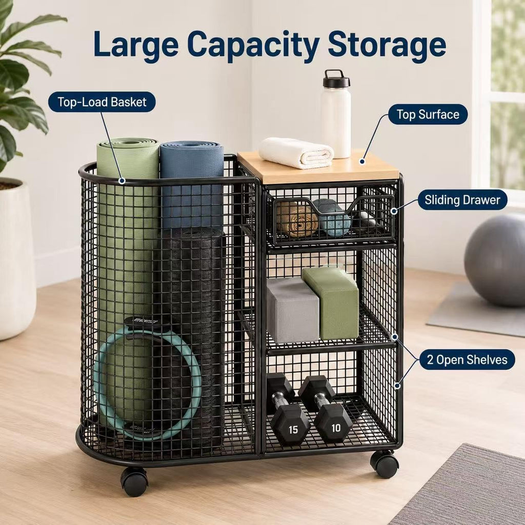 Wood Top Rolling Yoga Mat Storage Cart