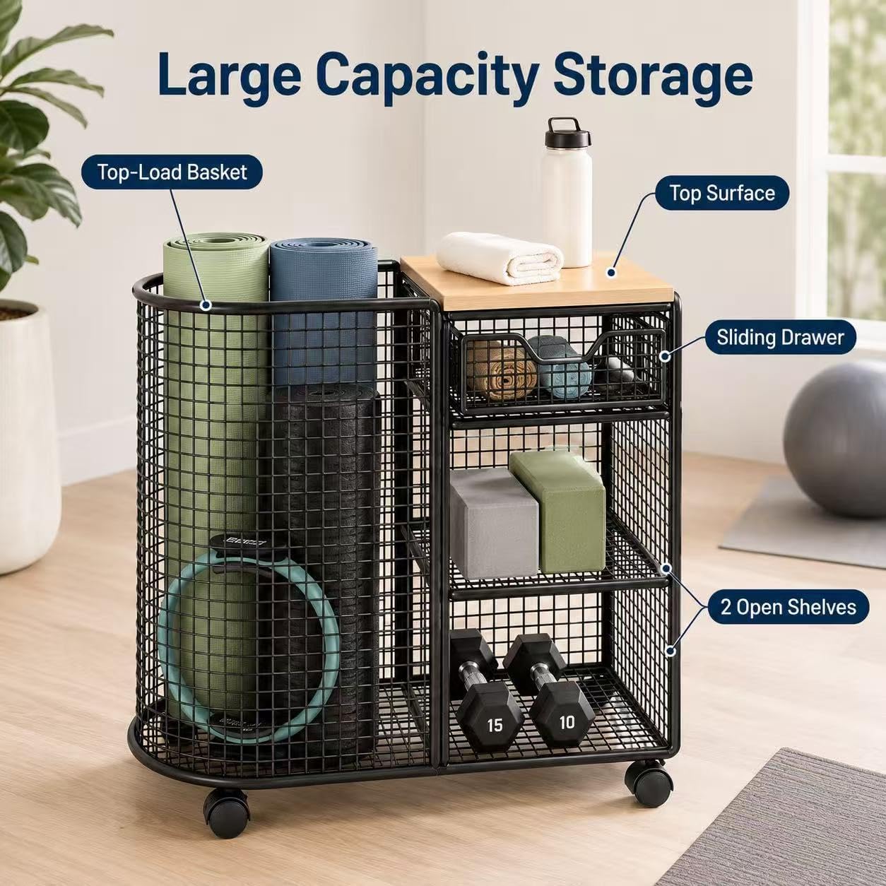 Wood Top Rolling Yoga Mat Storage Cart