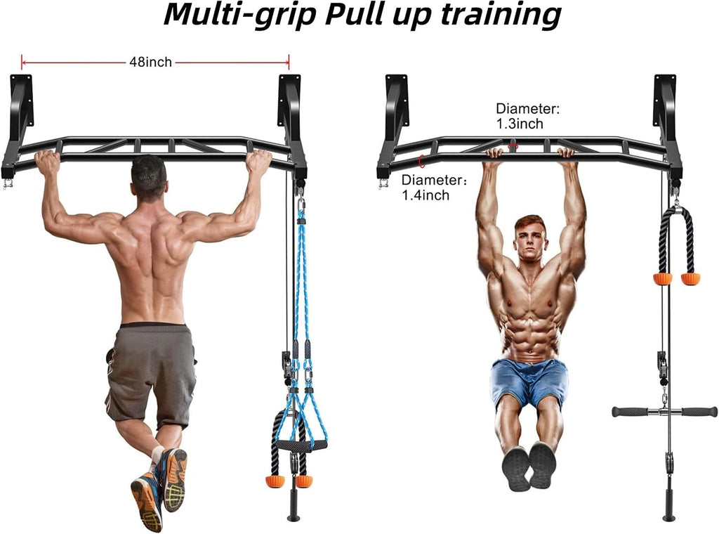 48" Wall Mount Pull Up Bar with Lat Pulley & Bag Hanger