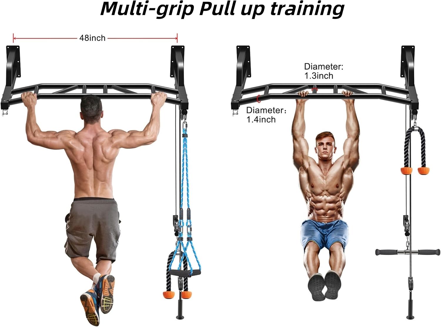 48" Wall Mount Pull Up Bar with Lat Pulley & Bag Hanger