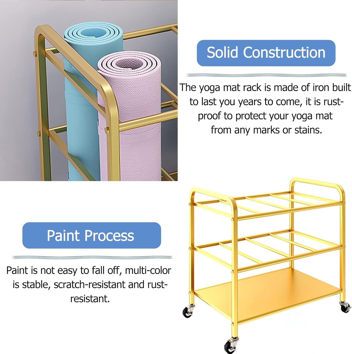 Golden Metal Yoga Mat Storage Cart With Locking Wheels